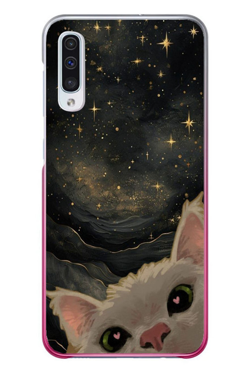 Samsung Galaxy A50 Uyumlu Siyah Gökyüzülü Kedi Baskılı Silikon Kılıf