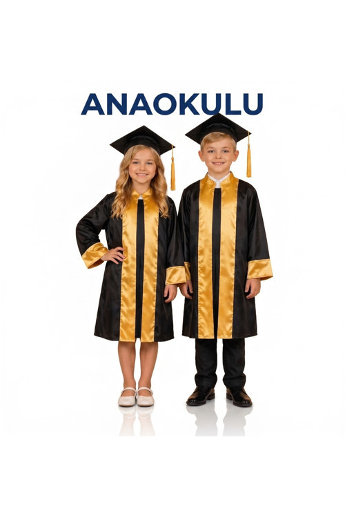 Çocuk ANAOKULU Renkli Şeritli Siyah Mezuniyet Cübbesi ve Kep Takımı