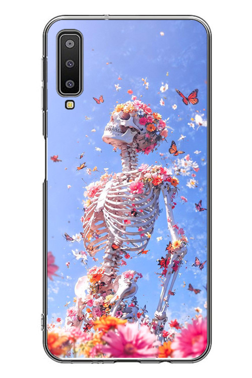 Samsung Galaxy A7 2018 Uyumlu İskelet Çiçekleri Baskılı Silikon Kılıf
