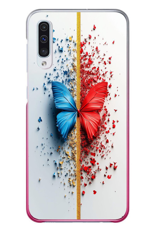 Samsung Galaxy A50 Uyumlu Kırmızı Mavi Kelebek Baskılı Silikon Kılıf
