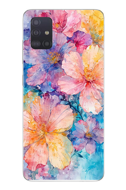 Samsung Galaxy A51 Uyumlu Yağlı Boya Çiçekler Baskılı Silikon Kılıf