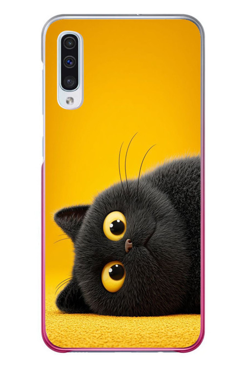Samsung Galaxy A50 Uyumlu Yan Bakan Siyah Kedi Baskılı Silikon Kılıf