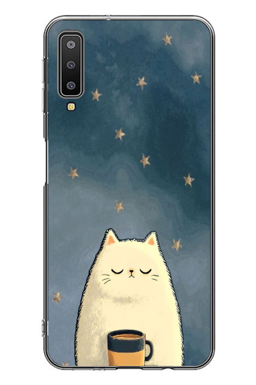 Samsung Galaxy A7 2018 Uyumlu Kahveci Beyaz Kedir Baskılı Silikon Kılıf