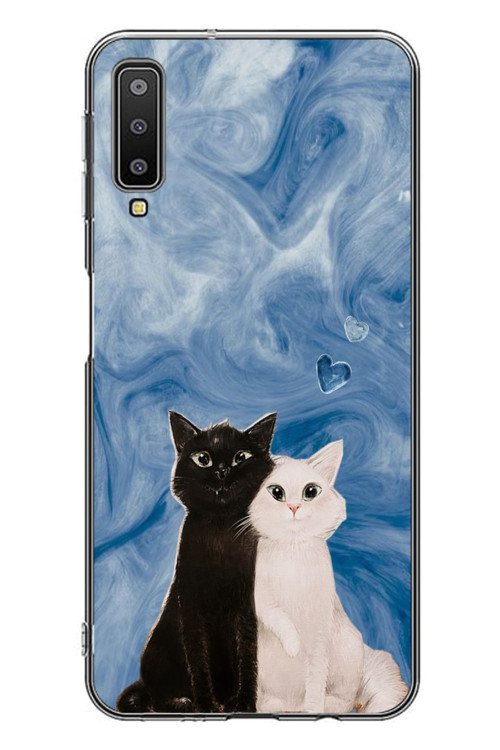 Samsung Galaxy A7 2018 Uyumlu Siyah ve Beyaz Kedi Baskılı Silikon Kılıf