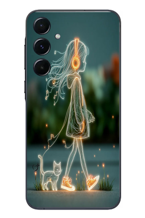 Samsung Galaxy A55 Uyumlu Kedili Neon Kız Baskılı Silikon Kılıf