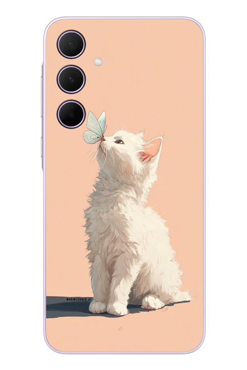 Samsung Galaxy A35 Uyumlu Beyaz Kelebekli Kedi Baskılı Silikon Kılıf