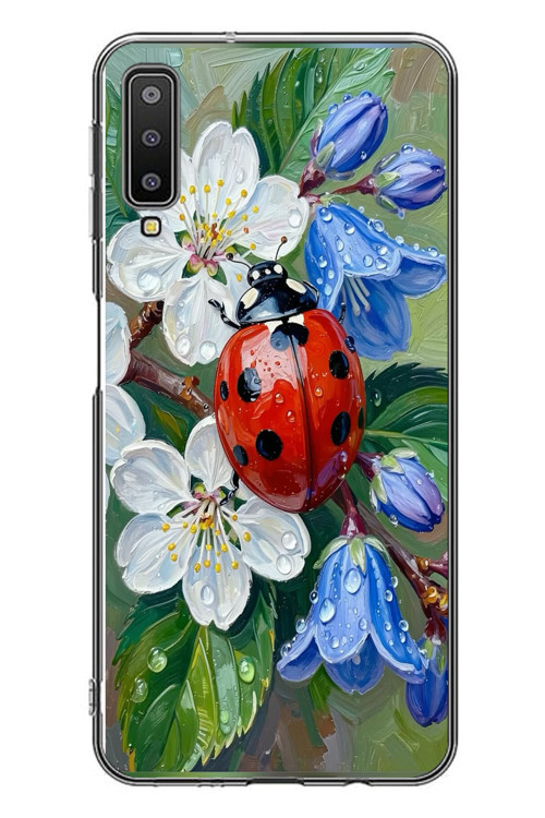 Samsung Galaxy A7 2018 Uyumlu Uğur Böceği Yağlı Boya Baskılı Silikon Kılıf