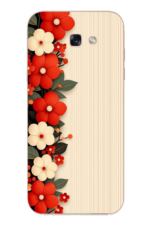 Samsung Galaxy A7 (2017) Uyumlu Kırmızı Beyaz Çiçekler Baskılı Silikon Kılıf