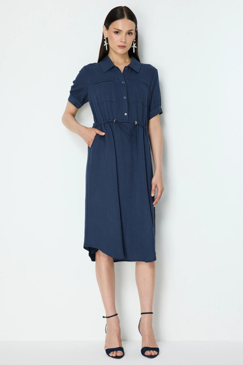 Kadın Beli Lastikli Süs Cepli Midi Elbise 6170 Indigo