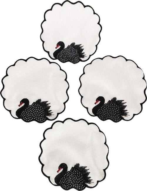 4 Adet Keten Kumaş Üzeri Nakışlı Pul işlemeli Kahve Yanı Kokteyl Sunum Peçetesi & Bardak Altlığı