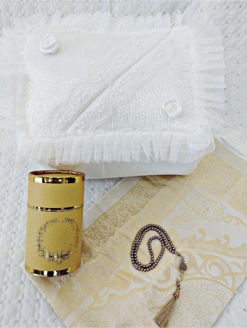 4 Parça Bohça Gelin Damat Hediye Çeyiz Bohça Tafta Saçaklı Kutu Seccade Set Gold Beyaz