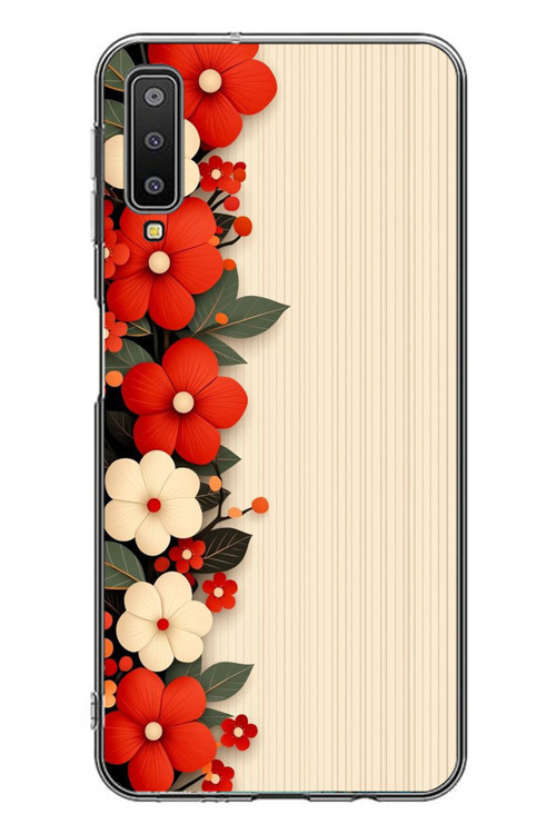 Samsung Galaxy A7 2018 Uyumlu Kırmızı Beyaz Çiçekler Baskılı Silikon Kılıf