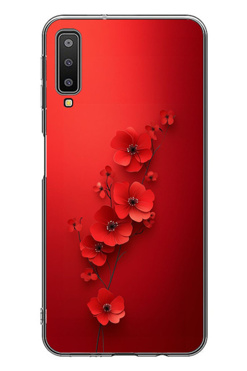 Samsung Galaxy A7 2018 Uyumlu Kırmızı Kardelenler Baskılı Silikon Kılıf