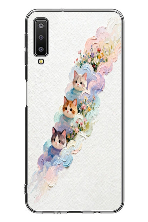 Samsung Galaxy A7 2018 Uyumlu Yağlı Boya Kediler Baskılı Silikon Kılıf