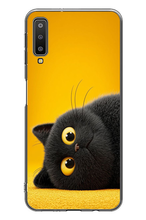 Samsung Galaxy A7 2018 Uyumlu Yan Bakan Siyah Kedi Baskılı Silikon Kılıf