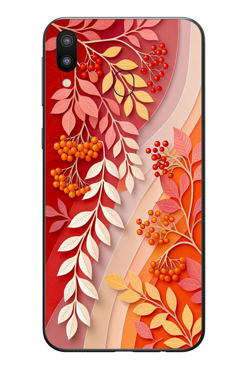 Samsung Galaxy M20 Uyumlu Kırmızı Beyaz İğdeler Baskılı Silikon Kılıf