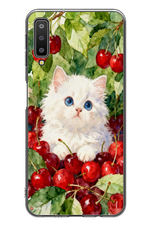 Samsung Galaxy A7 2018 Uyumlu Kirazlı Kedi Baskılı Silikon Kılıf