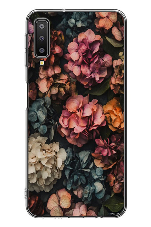 Samsung Galaxy A7 2018 Uyumlu Koyu Çiçekler Baskılı Silikon Kılıf