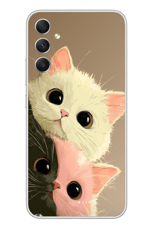 Samsung Galaxy A34 Uyumlu Pembe Siyah Beyaz Kedi Baskılı Silikon Kılıf