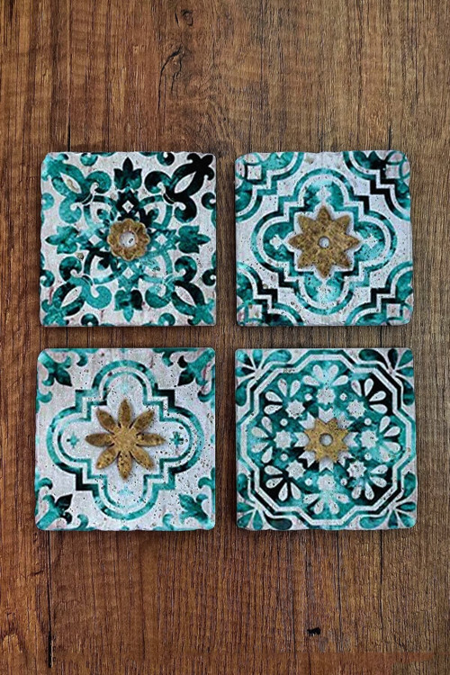 Doğal Taş Bardak Altlığı Tile Desen Baskılı 10x10cm Stone Coasters 4'lü Set