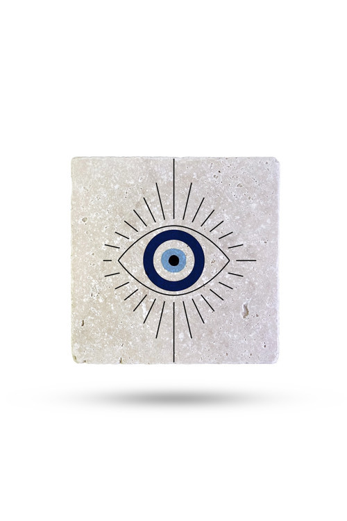 Doğaltaş Bardak Altlığı Nazar Boncuğu Baskılı 10x10cm %100 Traverten Doğal Taş