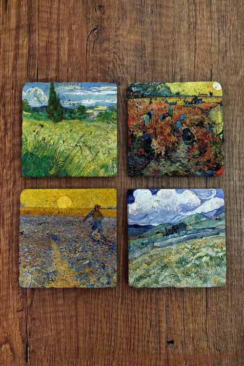 Doğal Taş Bardak Altlığı - Vincent Van Gogh Eserleri Baskılı 10x10cm Stone Coasters