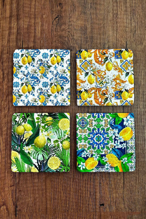 Doğaltaş Bardak Altlığı 4'lü Set -10x10x1 Cm Limon Desenler Baskılı - Stone Coasters
