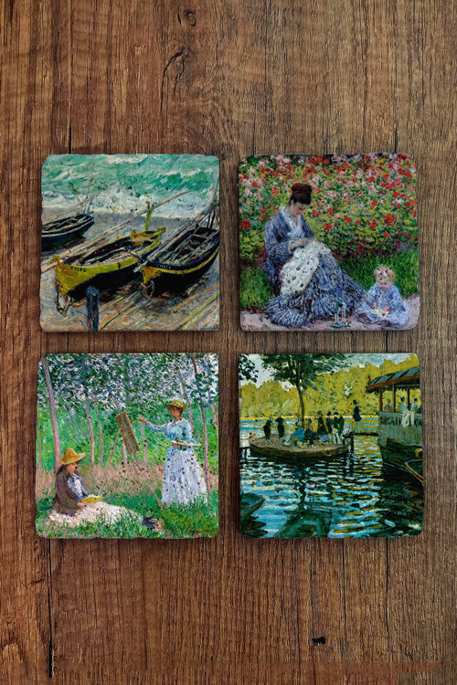 Doğal Taş Bardak Altlığı - Claude Monet Eserleri Baskılı 10x10cm Stone Coasters