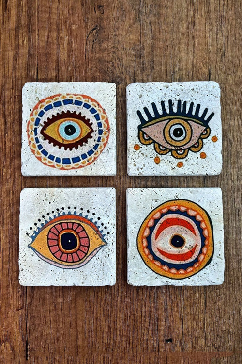 Doğal Taş Bardak Altlığı 4'lü Set - Nazarlık- Nazar Göz Baskılı Stone Coasters