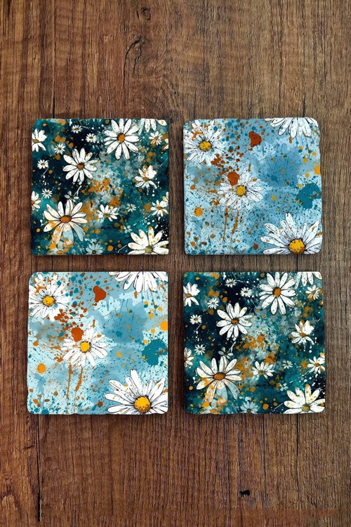 Doğal Taş Bardak Altlığı Papatya Desen Baskılı 10x10cm Stone Coasters 4'lü Set