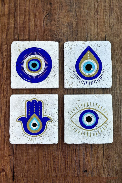 Doğal Taş Bardak Altlığı 4'lü Set - Nazar Boncuğu - Stone Coasters