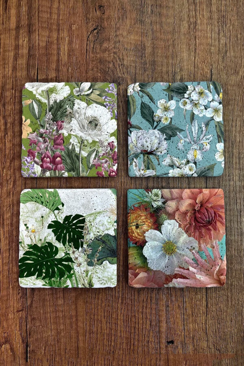 Doğal Taş Bardak Altlığı Tropikal Desenler Baskılı 4'lü Set