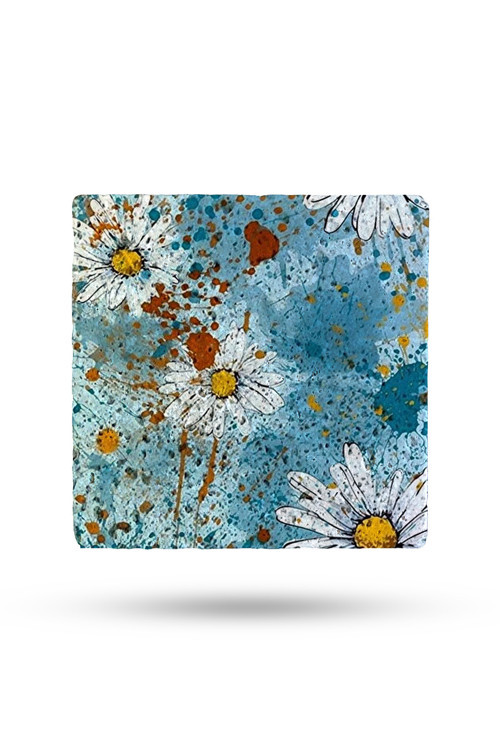 Doğal Taş Nihale 15x15cm Papatya Desenleri Baskılı Taş Çaydanlık Altlığı-tencere Tava Altlığı
