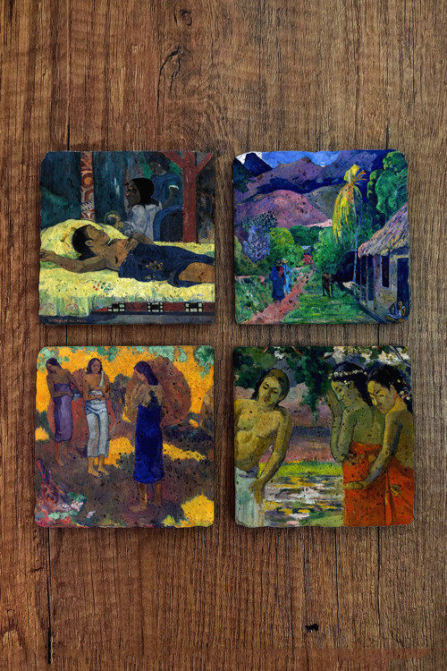 Doğal Taş Bardak Altlığı - Paul Gaugin Eserleri Baskılı 10x10cm Stone Coasters