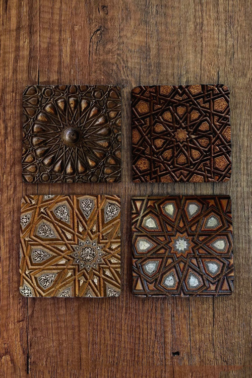 Doğal Taş Bardak Altlığı 4'lü Set - 10x10x1cm Geometrik Desenler - Stone Coasters