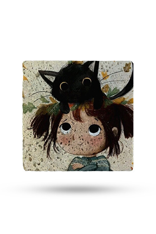 Doğal Taş Nihale 20x20cm Küçük Kız Ve Kedi Deseni Baskılı Taş Çaydanlık Altlığı-tencere Tava Altlığı