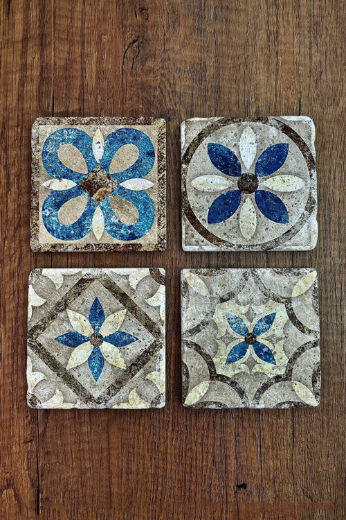 Doğal Taş Bardak Altlığı Hint Desenler Baskılı 4'lü Set