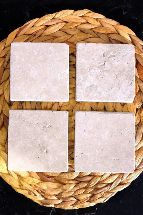 Traverten Doğal Taş Bardak Altlığı 4’lü Set, Baskısız Boyanabilir Taş Bardak Altlığı