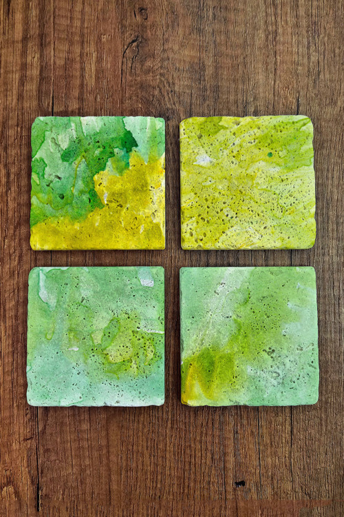 Doğal Taş Bardak Altlığı - Yeşil Sulu Boya Desenler Baskılı 10x10cm Stone Coasters