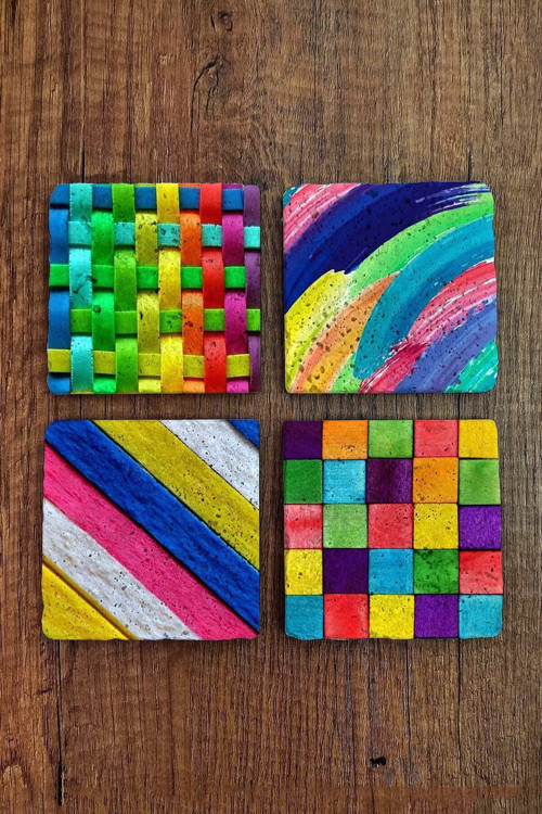 Doğal Taş Bardak Altlığı Renkli Desenler Baskılı 4'lü Set