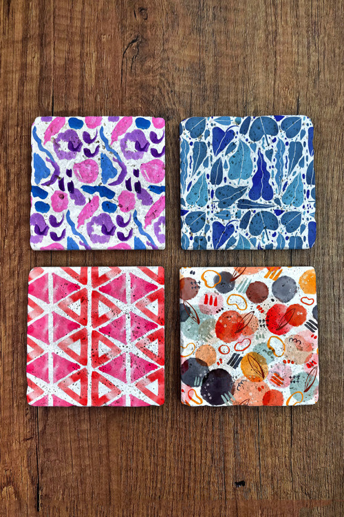 Doğal Taş Bardak Altlığı - Renkli Desenler Baskılı 10x10cm Stone Coasters