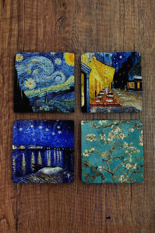 Doğal Taş Bardak Altlığı Vincent Van Gogh Eserleri Baskılı 4'lü Set