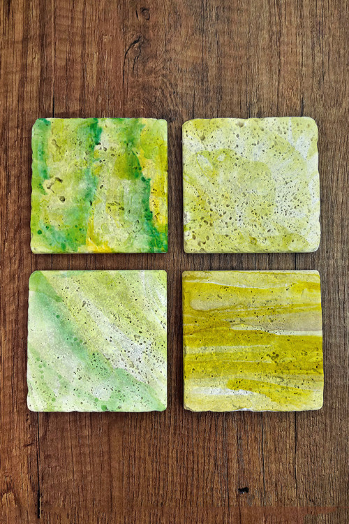 Doğal Taş Bardak Altlığı - Yeşil Sarı Desenler Baskılı 10x10cm Stone Coasters