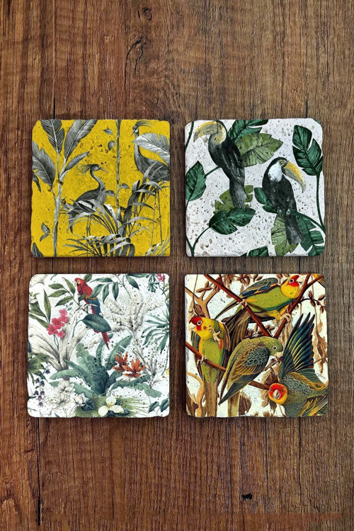Doğal Taş Bardak Altlığı Tropikal Desenler 1 Baskılı 4'lü Set