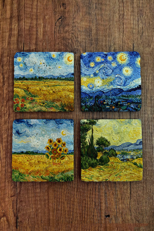 Doğal Taş Bardak Altlığı - Van Gogh AI Eserleri Baskılı 10x10cm Yapay Zeka Stone Coasters