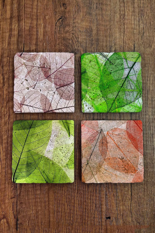 Doğal Taş Bardak Altlığı 4'lü Set - Yaprak Desenleri Bardak Altlığı - Stone Coasters