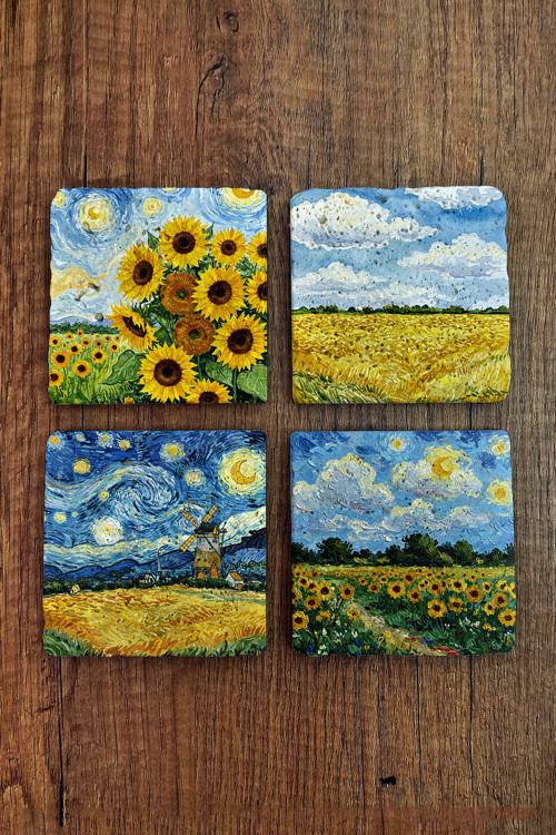 Doğal Taş Bardak Altlığı - Van Gogh AI Eserleri Baskılı 10x10cm Yapay Zeka Stone Coasters 477