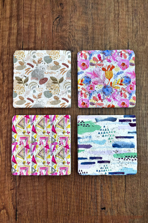 Doğal Taş Bardak Altlığı - Renkli Desenler Baskılı 10x10cm Stone Coasters