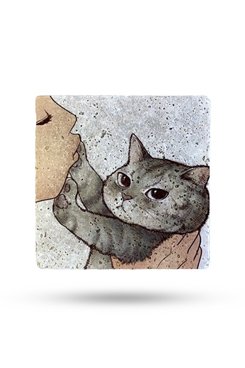 Doğal Taş Nihale 20x20cm Yaramaz Kedi Baskılı Taş Nihale Çaydanlık Altlığı-tencere Tava Altlığı