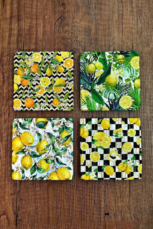 Doğaltaş Bardak Altlığı 4'lü Set - 10x10x1cm Limon Desenler Baskılı - Stone Coasters